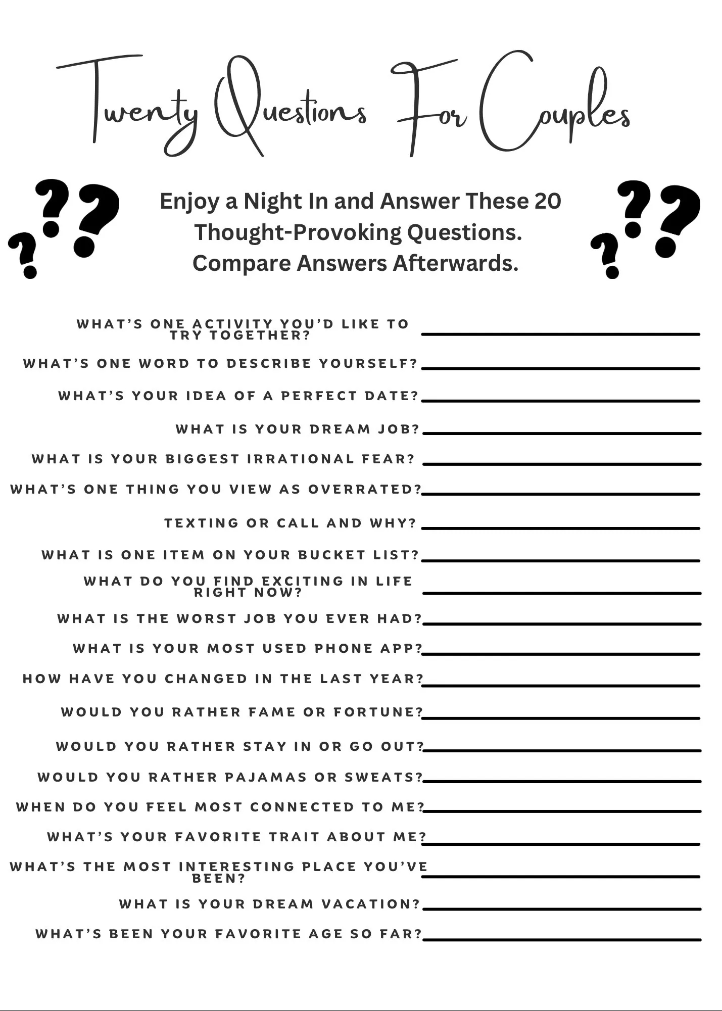Twenty Questions For Couples Date Night Cards Relationship Card Games Couples Questions Cards Icebreaker Games Instant Download Etsy