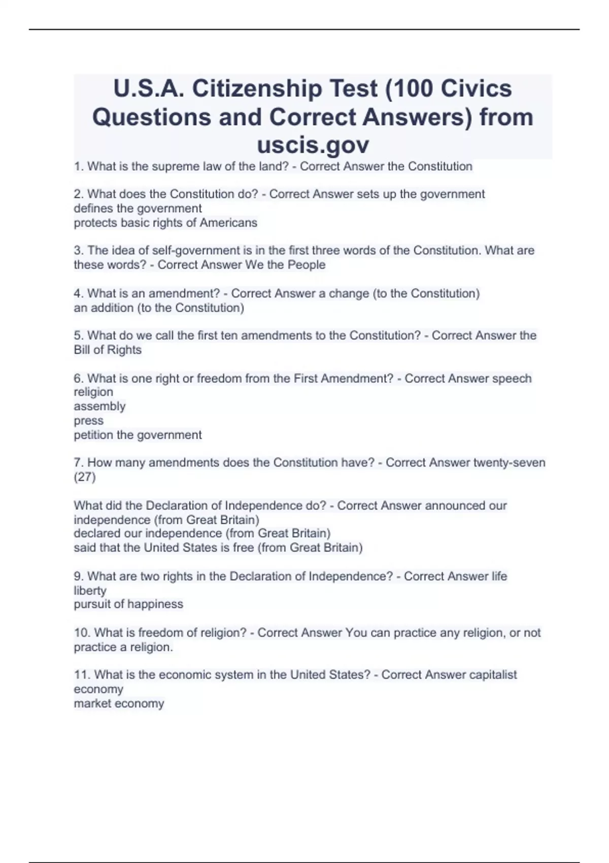 U S A Citizenship Test 100 Civics Questions And Correct Answers From Uscis gov 2023 U S A Citizenship Stuvia US