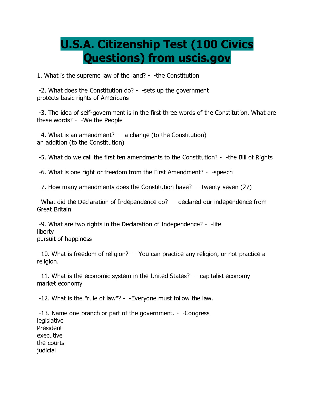 U S A Citizenship Test 100 Civics Questions From Uscis gov DocMerit