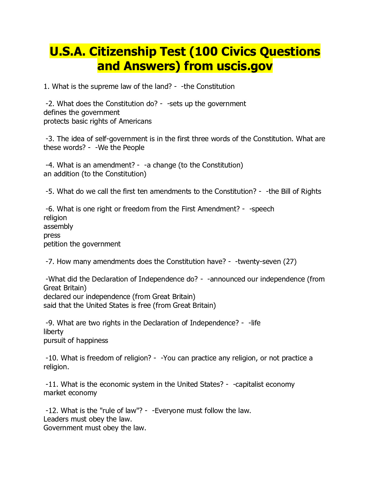 U S A Citizenship Test 100 Civics Questions From Uscis gov DocMerit