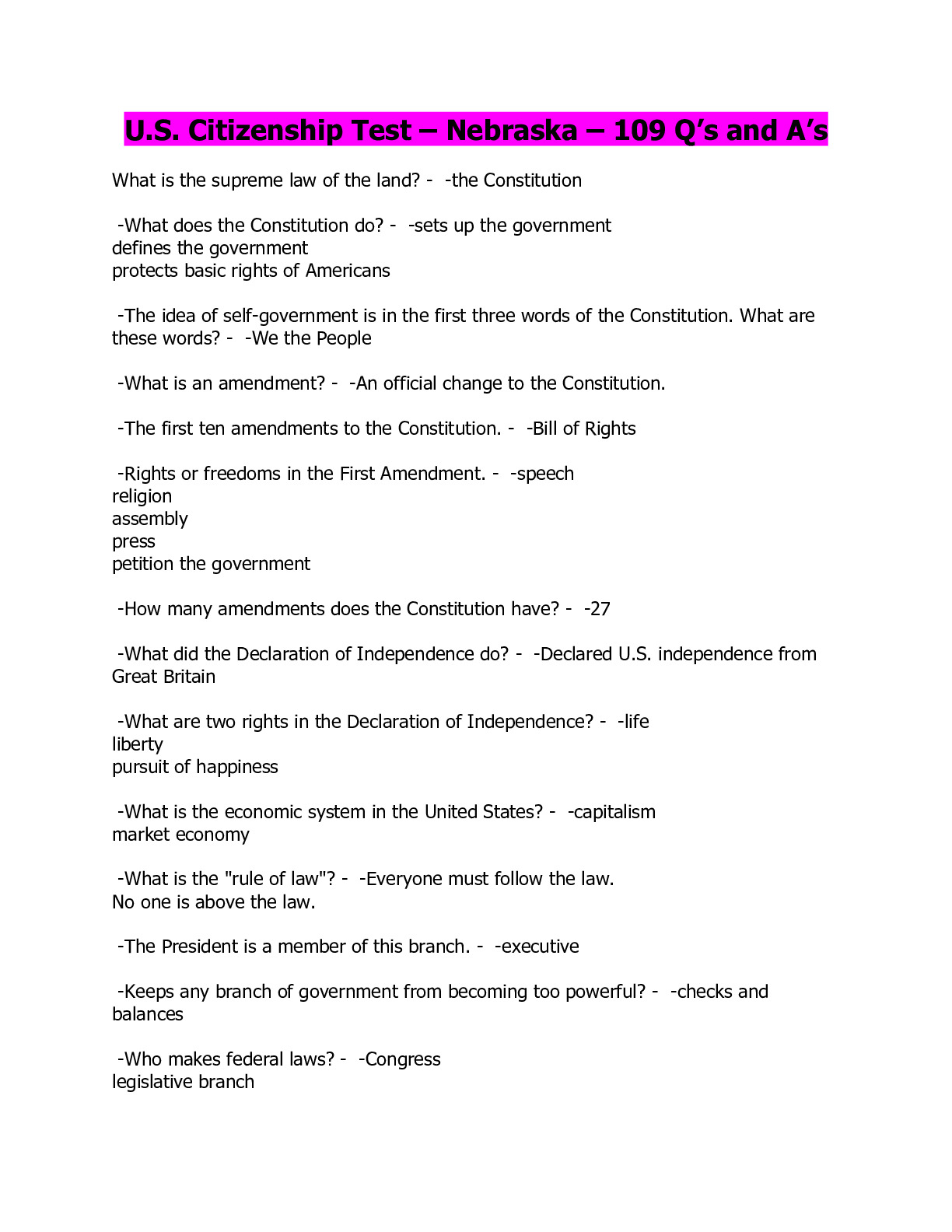 U S Citizenship Test Nebraska 109 Q s And A s DocMerit