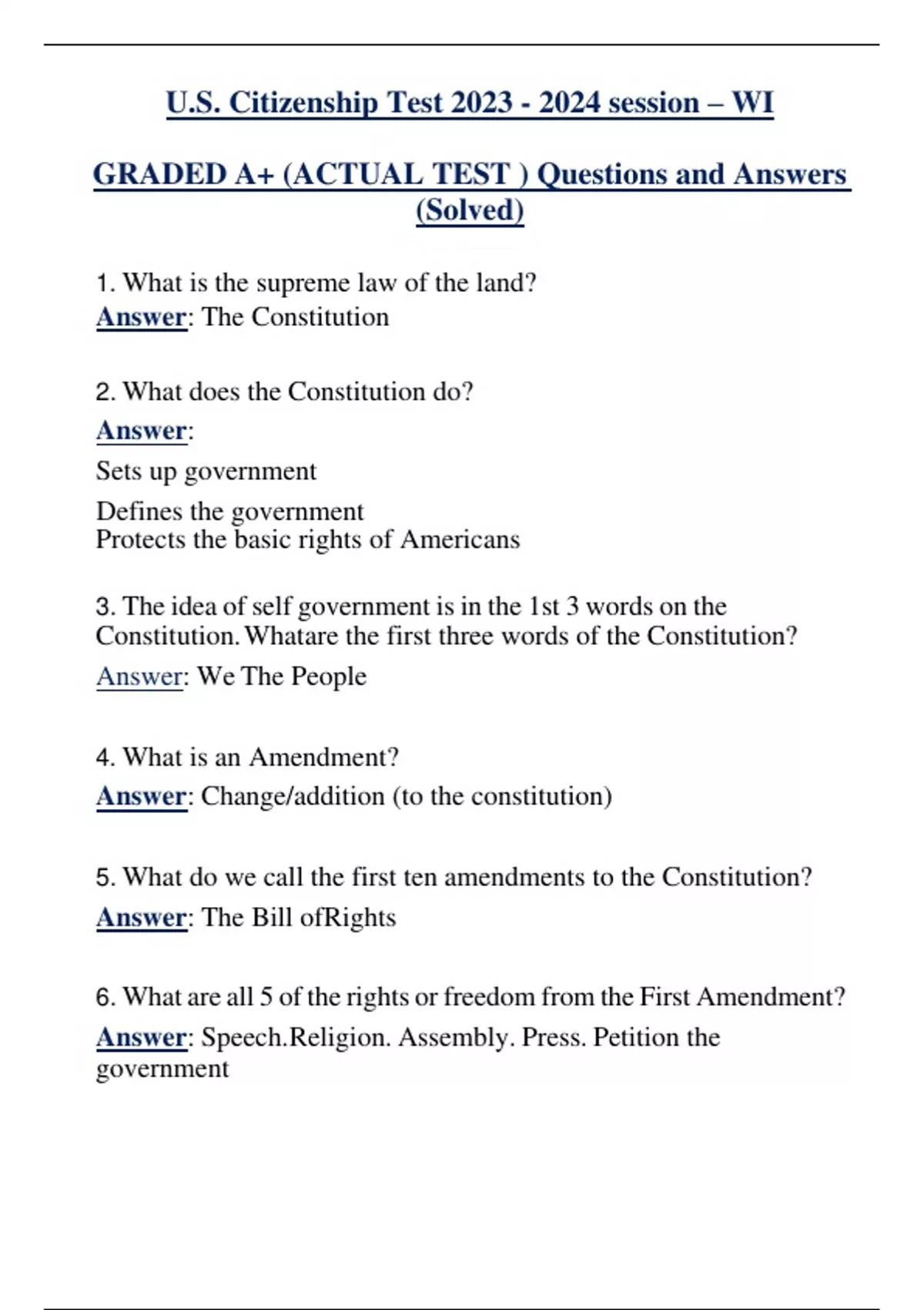 U S Citizenship Test Session WI GRADED A ACTUAL TEST Questions And Answers Solved Education 2023 Stuvia US