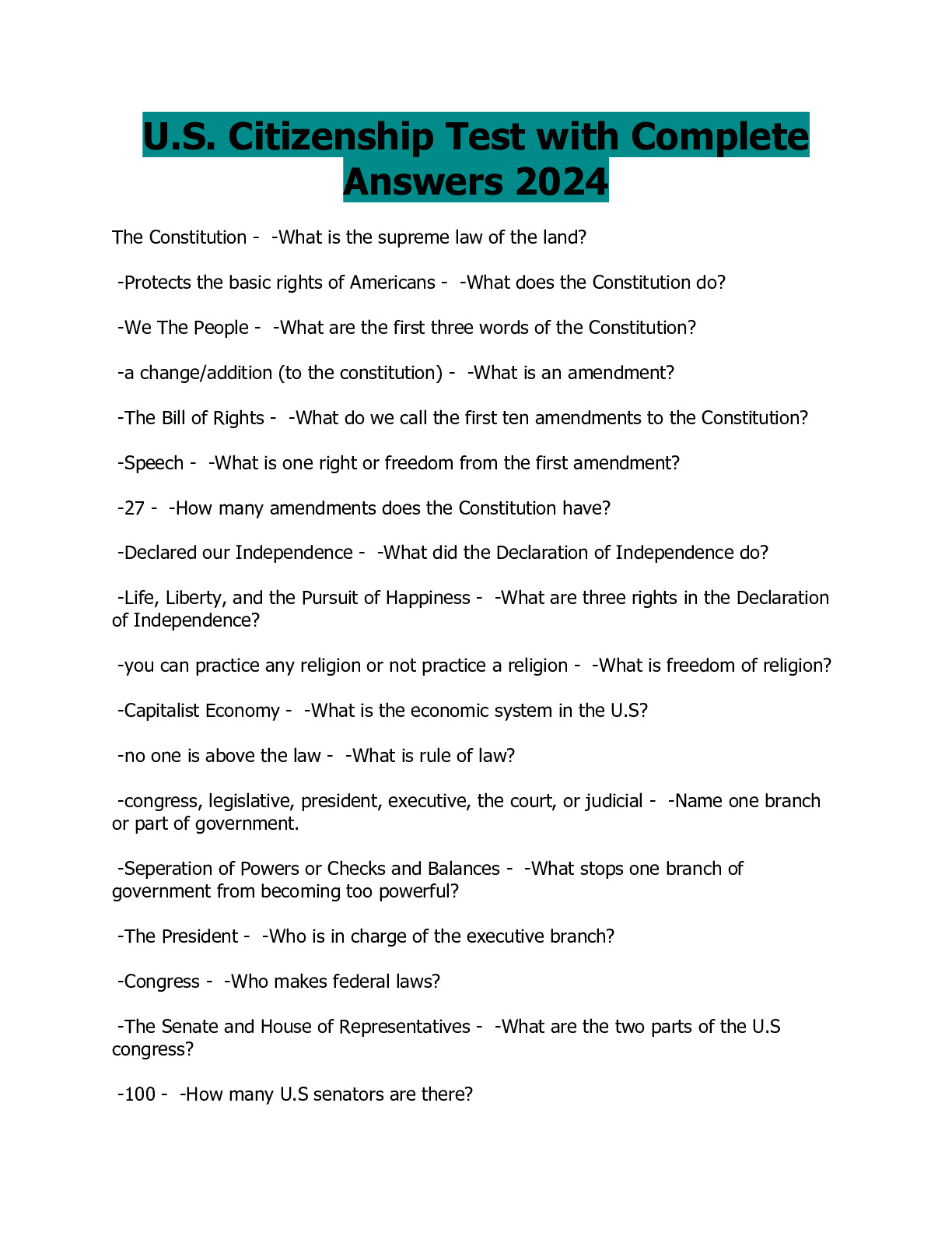 U S Citizenship Test With Complete Answers 2024 DocMerit