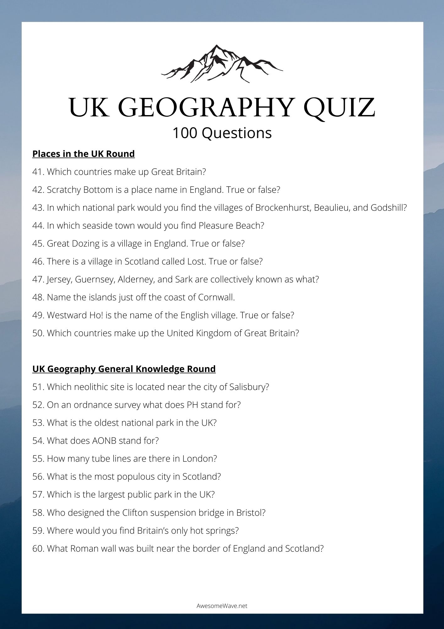 UK Geography Quiz 100 British Trivia Questions Inc Picture Quiz Worksheets Library