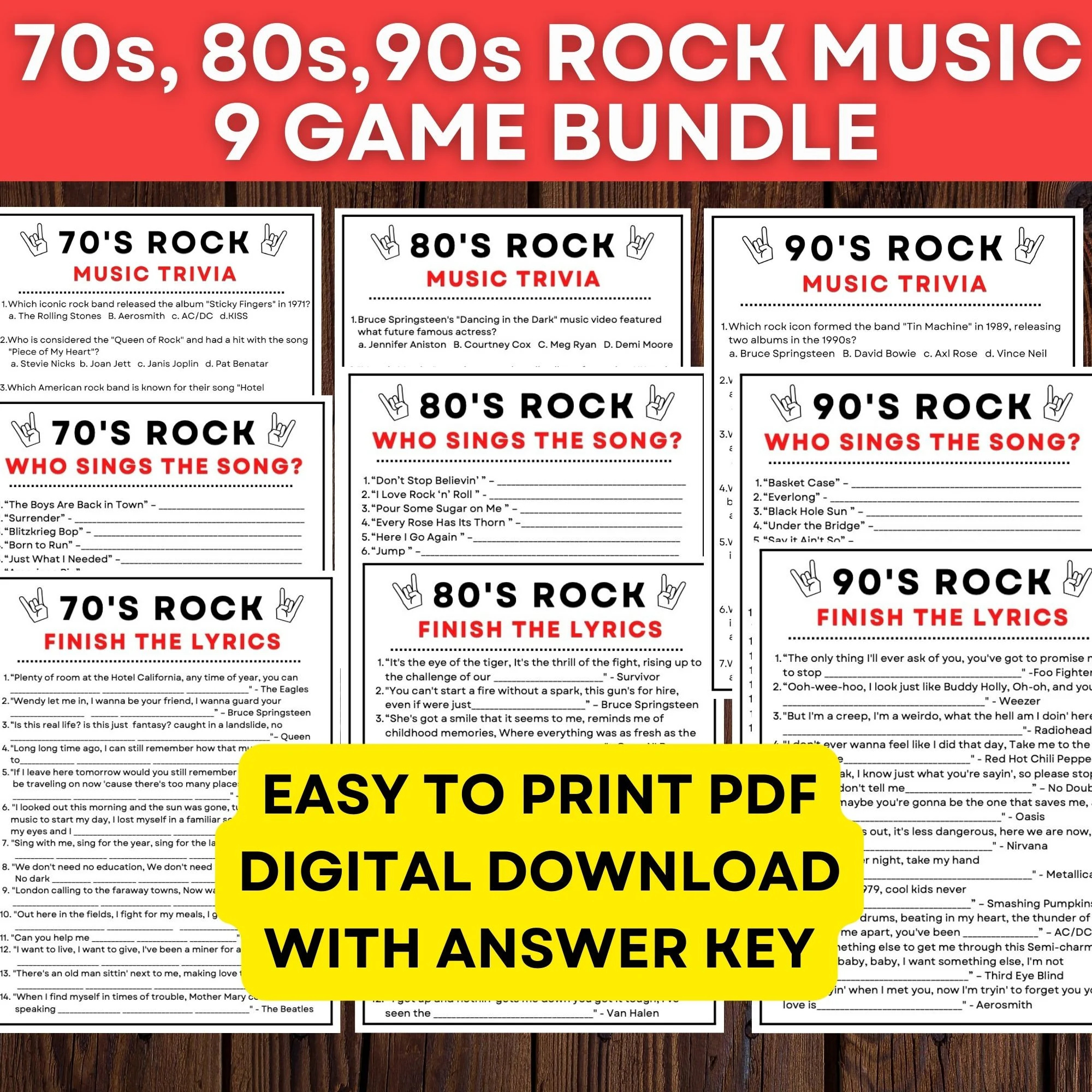 Ultimate Rock Music Bundle 70s 80s 90s Classic Rock Trivia Finish The Lyrics Who Sang It PDF Digital Download Instant Etsy