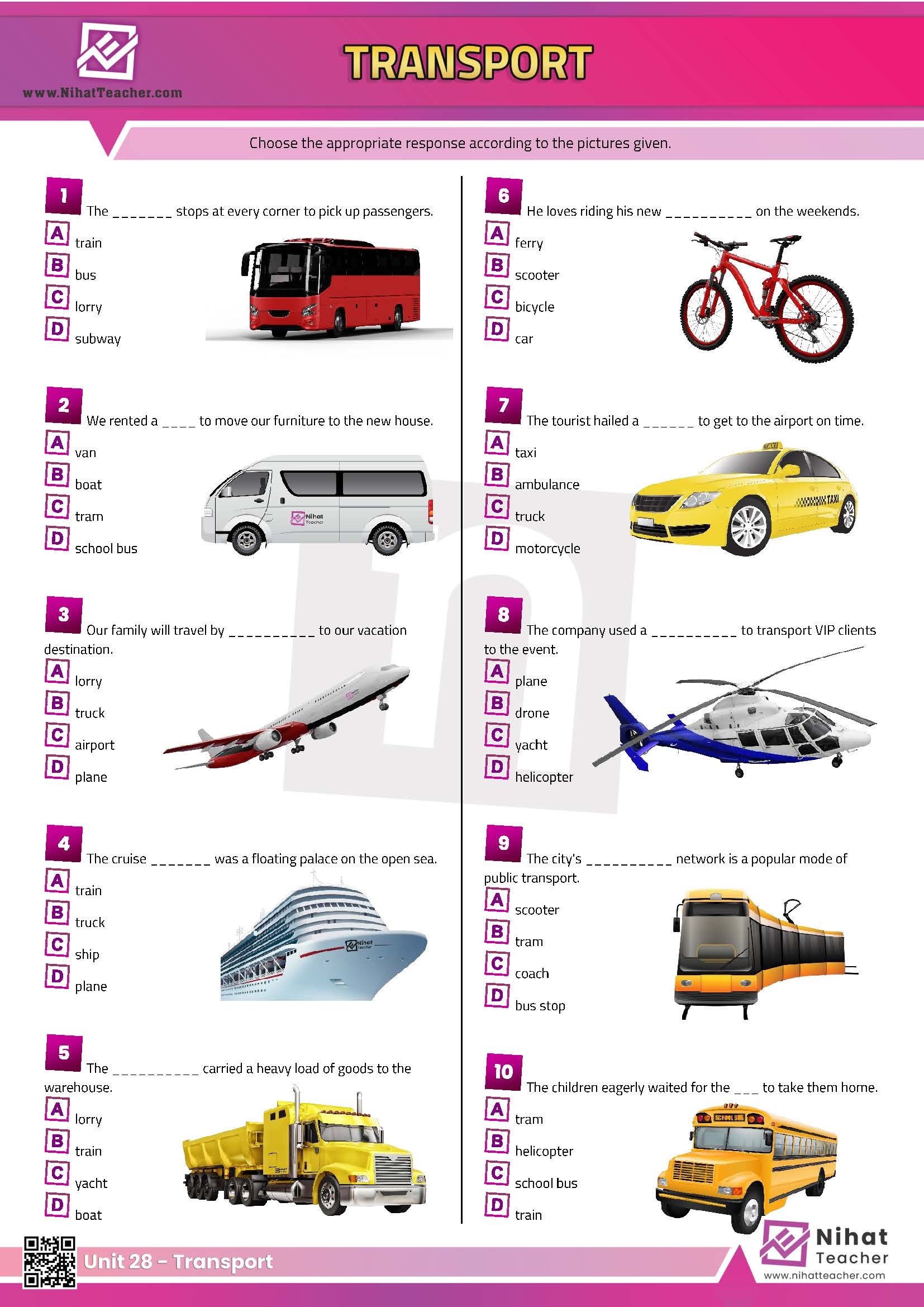 Unit 28 Transport Quiz Free English Learning And Teaching Resources Free PDF Worksheets And Multiple Choice Tests 