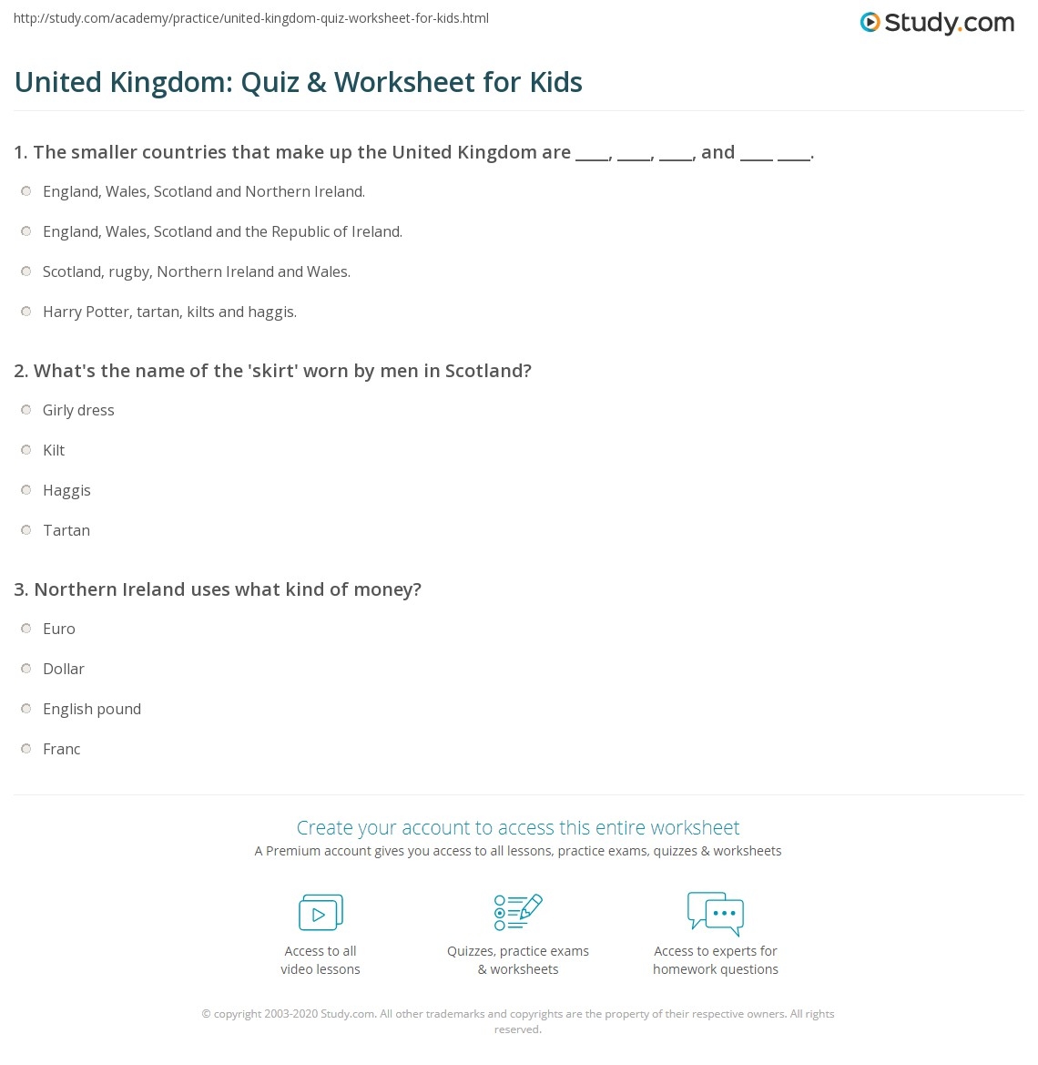 United Kingdom Quiz Worksheet For Kids Study
