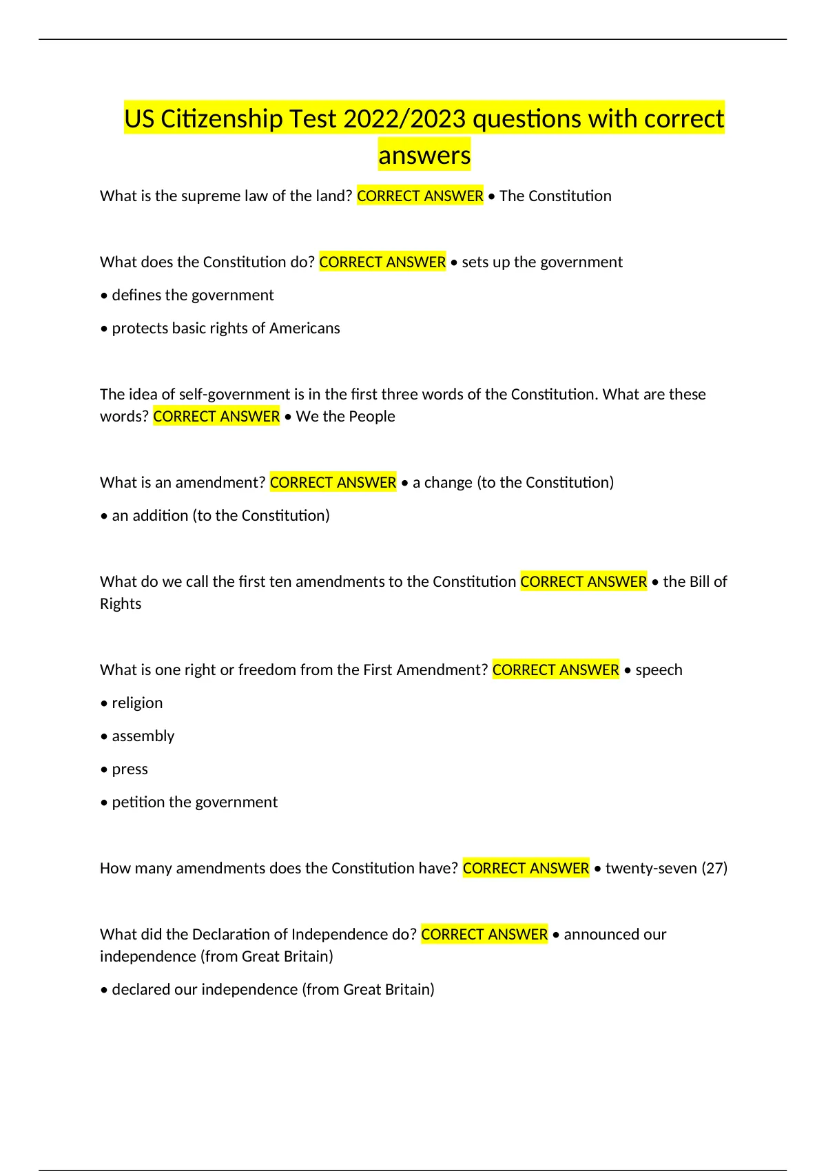 US Citizenship Test 2022 2023 Questions With Correct Answers US Citizenship Stuvia US