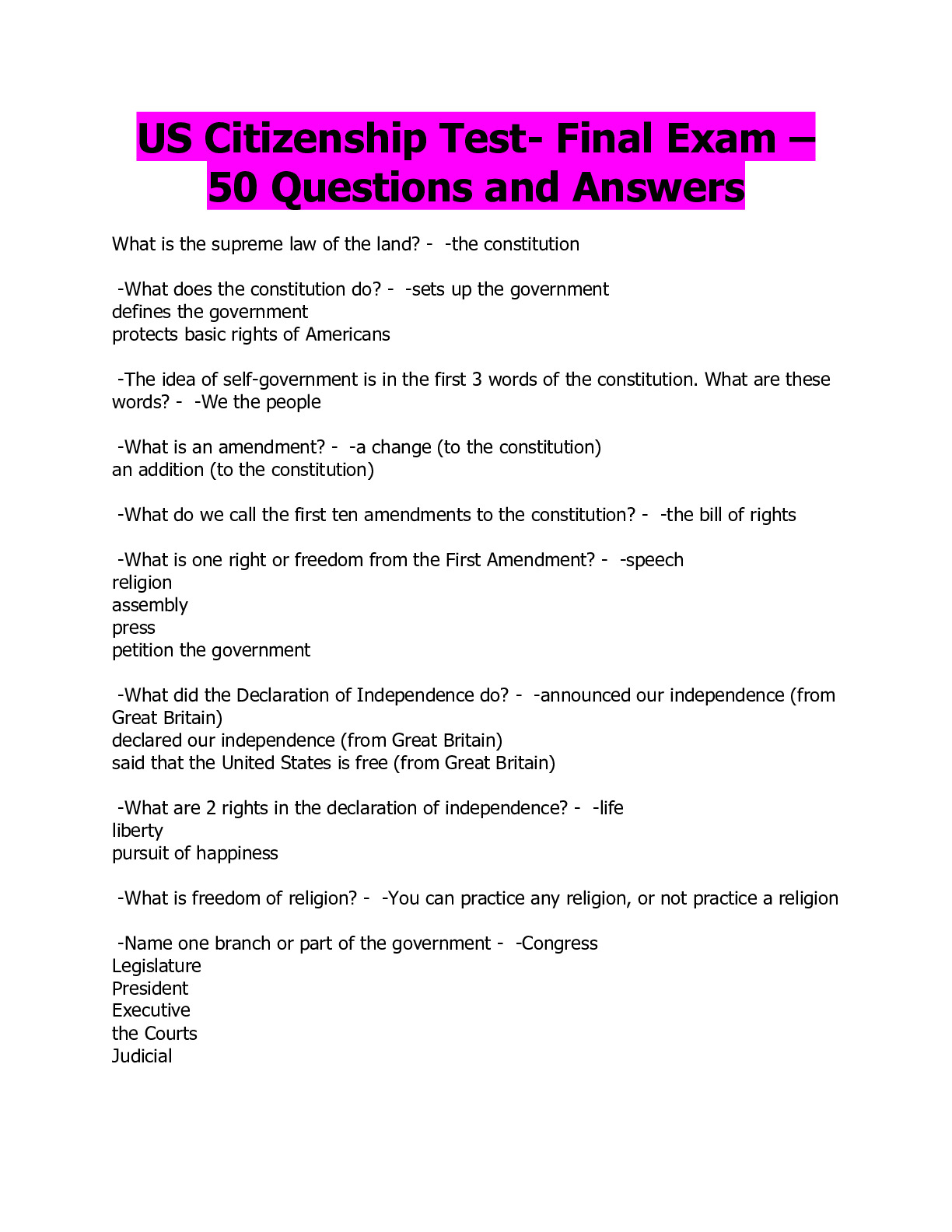 Citizenship Test Questions Blank Printable