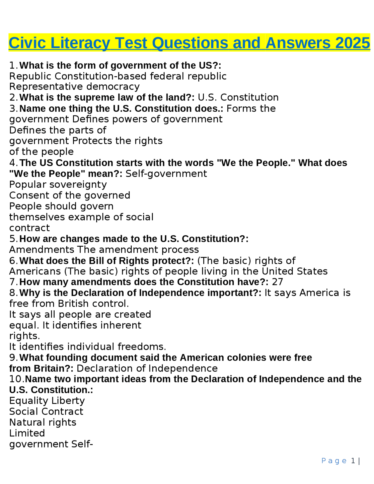 US Civics Literacy Test Questions And Answers 2025 Exams Marketing Business to business B2B Docsity