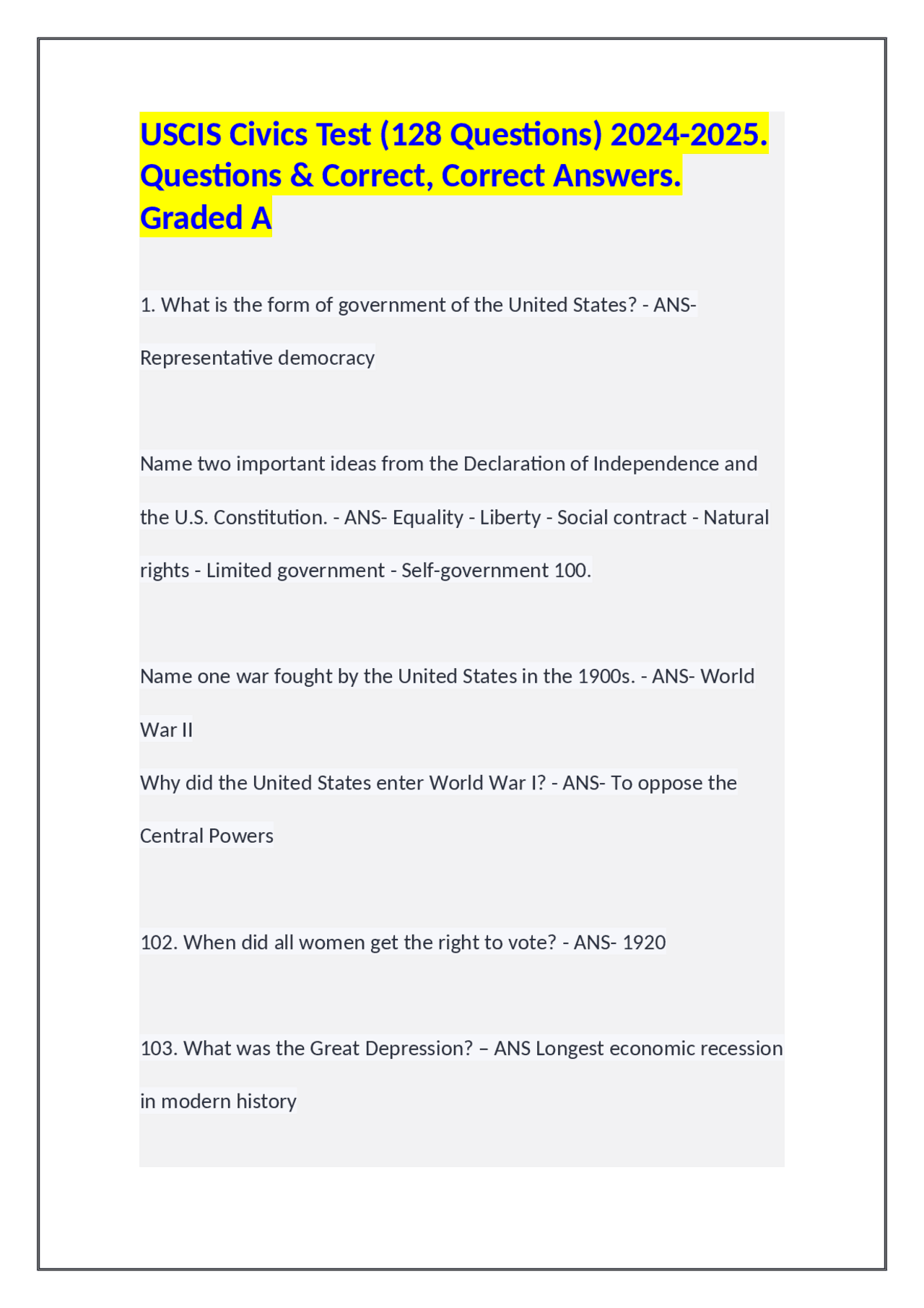 USCIS Civics Test 128 Questions 2024 2025 Questions Correct Correct Answers Grade A Exams History Docsity