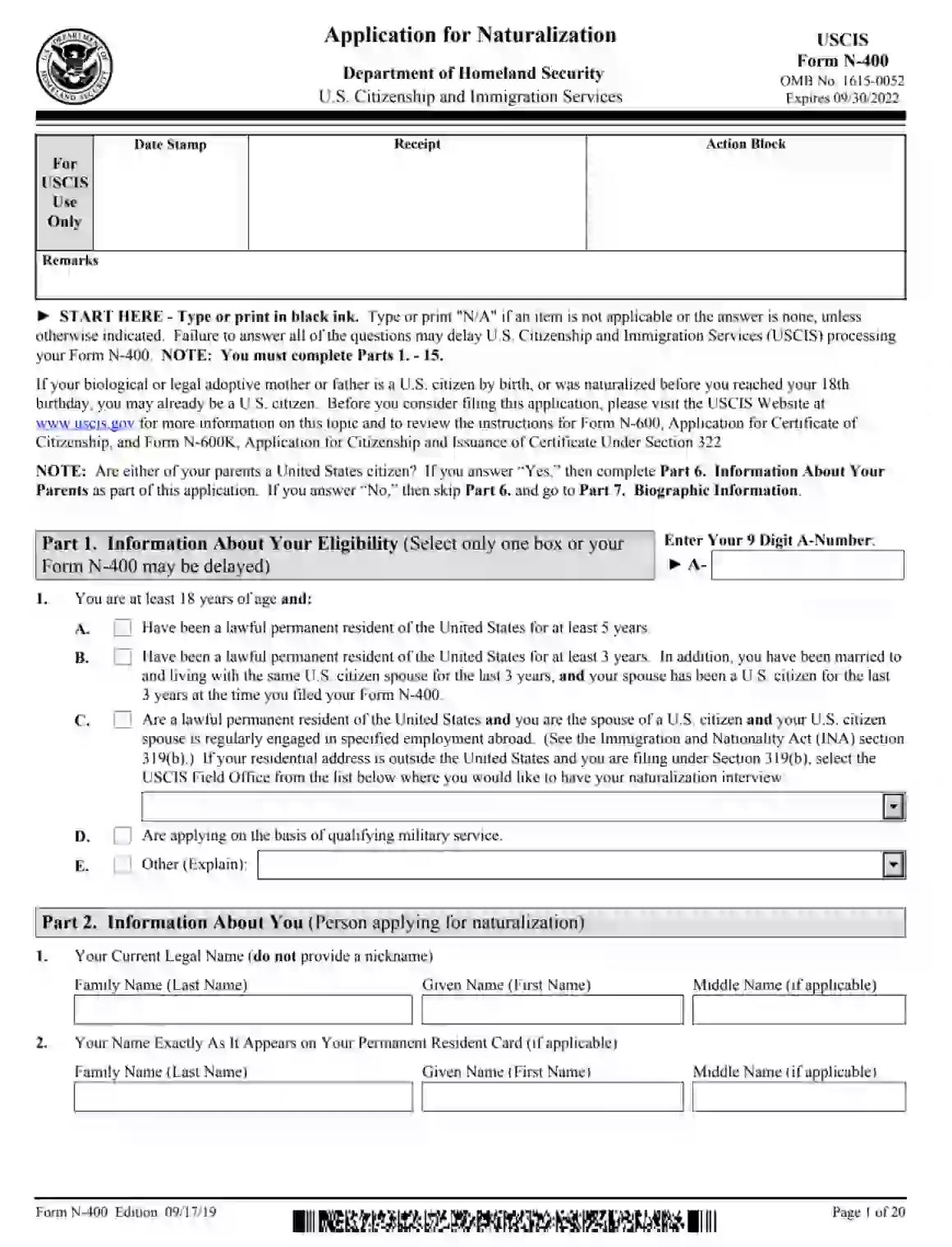 USCIS Form N 400 Fill Out Printable PDF Forms Online