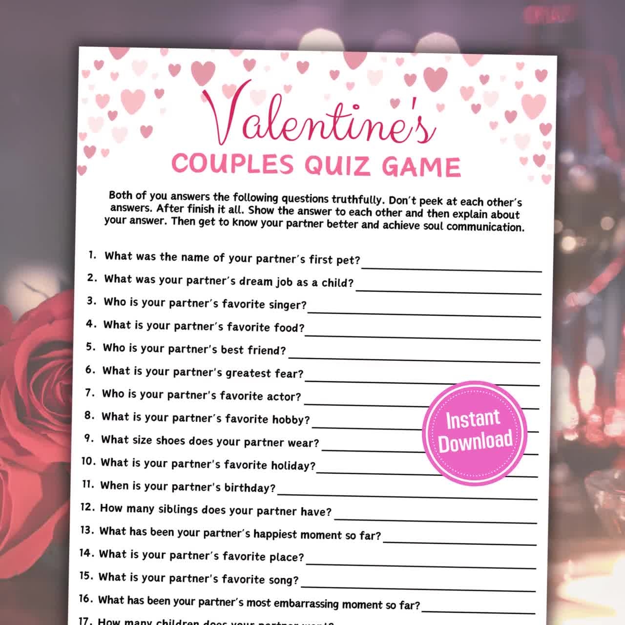Valentine s Day Couples Quiz Game Valentine s Activities For Couples How Well Do You Know Your Partner Love Quiz Couples Game Etsy