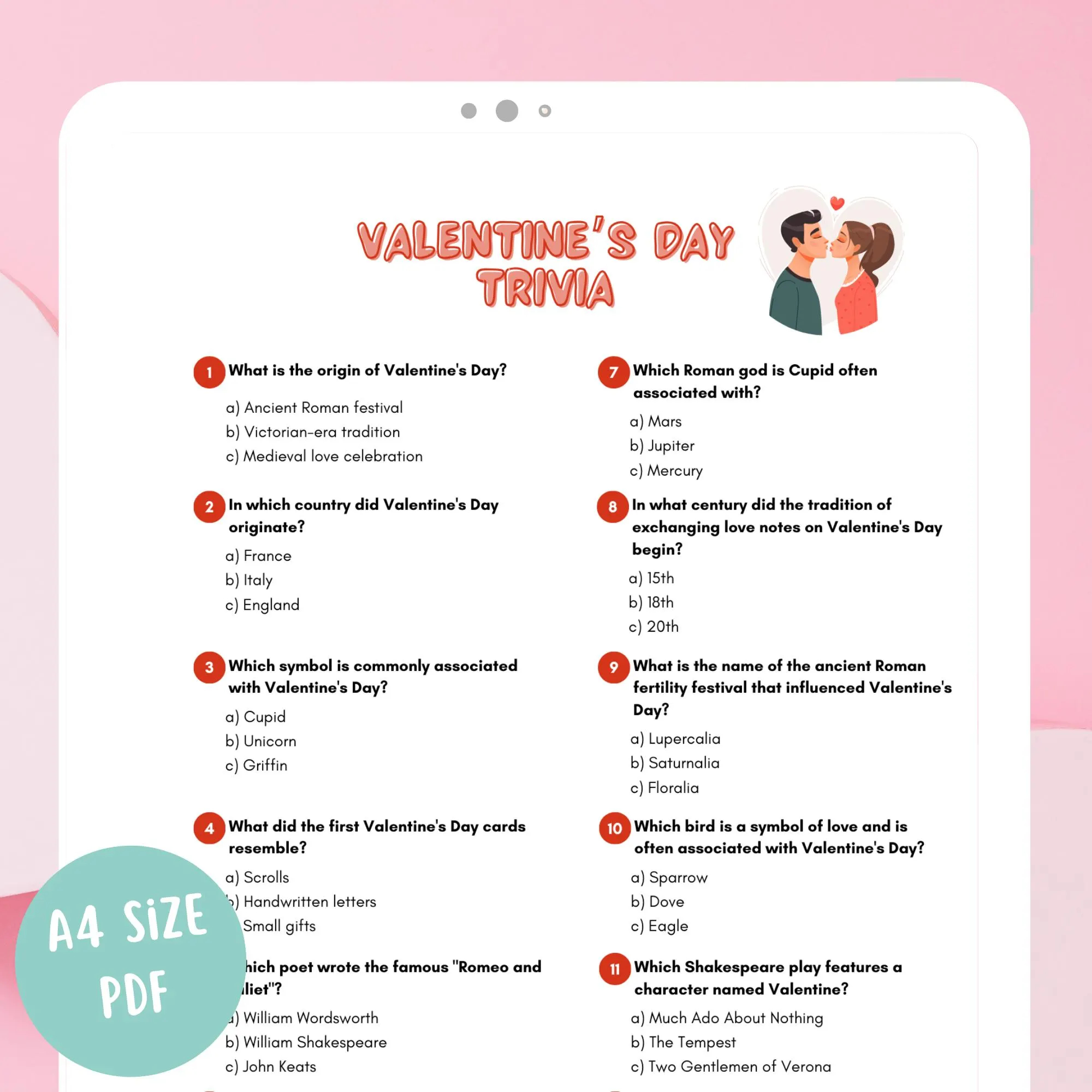 Valentine s Day Fun Printable Trivia Game With Multiple Choice Questions Instant Download For A Love filled Celebration Love Quiz Etsy