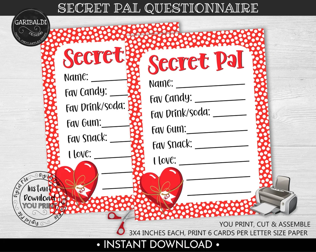 Valentine s Day Secret Pal Questionnaire Printable Gift Exchange Wish List Form Secret Pal Survey My Favorite Things Gift Ideas Card VL Etsy