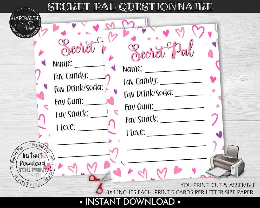 Valentine s Day Secret Pal Questionnaire Printable Gift Exchange Wish List Form Secret Pal Survey My Favorite Things Gift Ideas Card VL Etsy