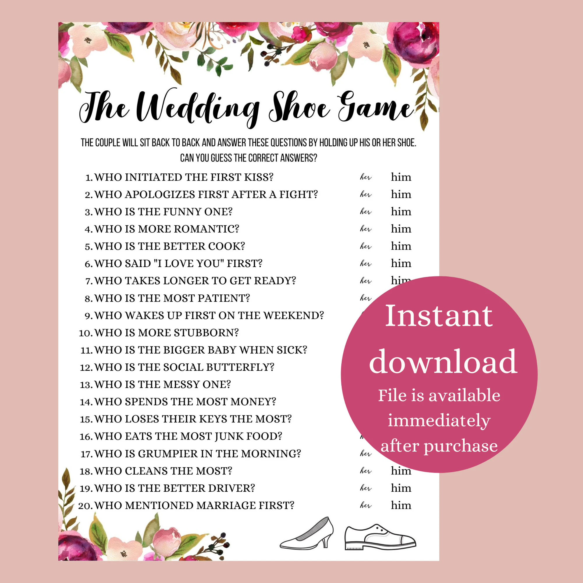 Wedding Shoe Game Newlywed Game Couples Shower Games Wedding Shower Game Engagement Party Game The Shoe Game Reception Shoe Game Etsy
