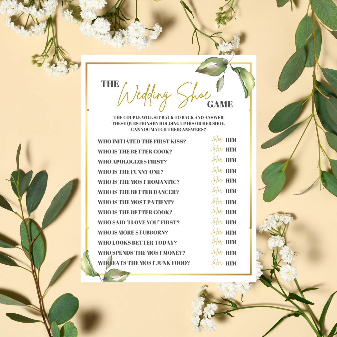 Wedding Shoe Game Printable Greenery And Gold Shop Bridal Shower 101