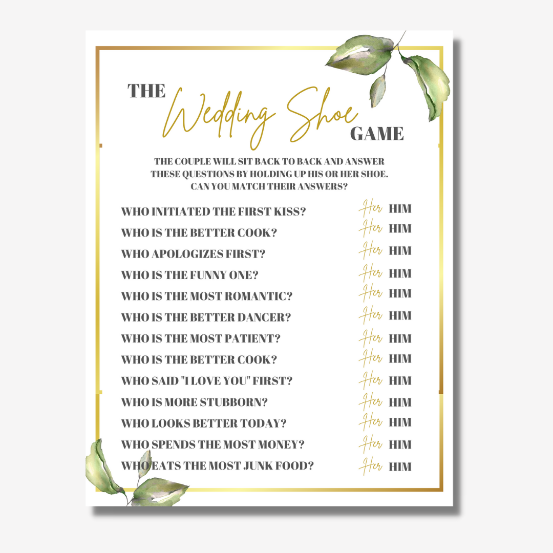 Wedding Shoe Game Printable Greenery And Gold Shop Bridal Shower 101