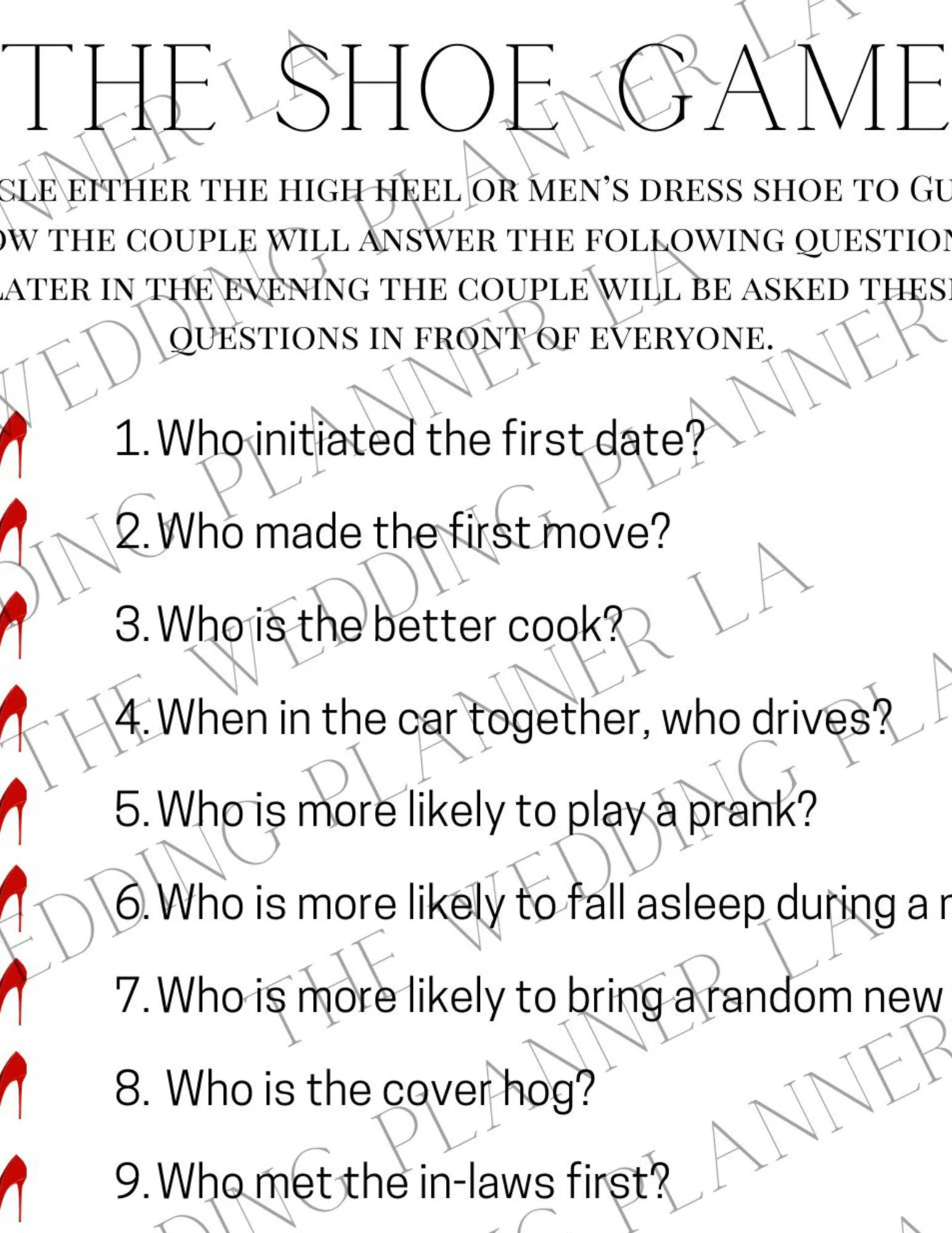 Wedding Shoe Game Questionnaire For Wedding Guests Download Printable With Shoe Game Instructions Wedding Game Engagement Party Game Bridal Etsy