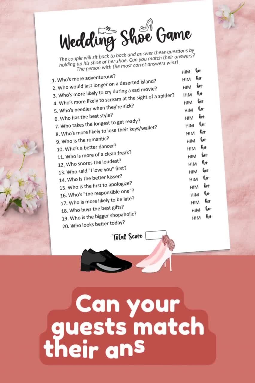 Wedding Shoe Game Wedding Games Bridal Shower Games Bridal Shoe Game Wedding Shower Game Wedding Reception Games Couples Shower Games Etsy