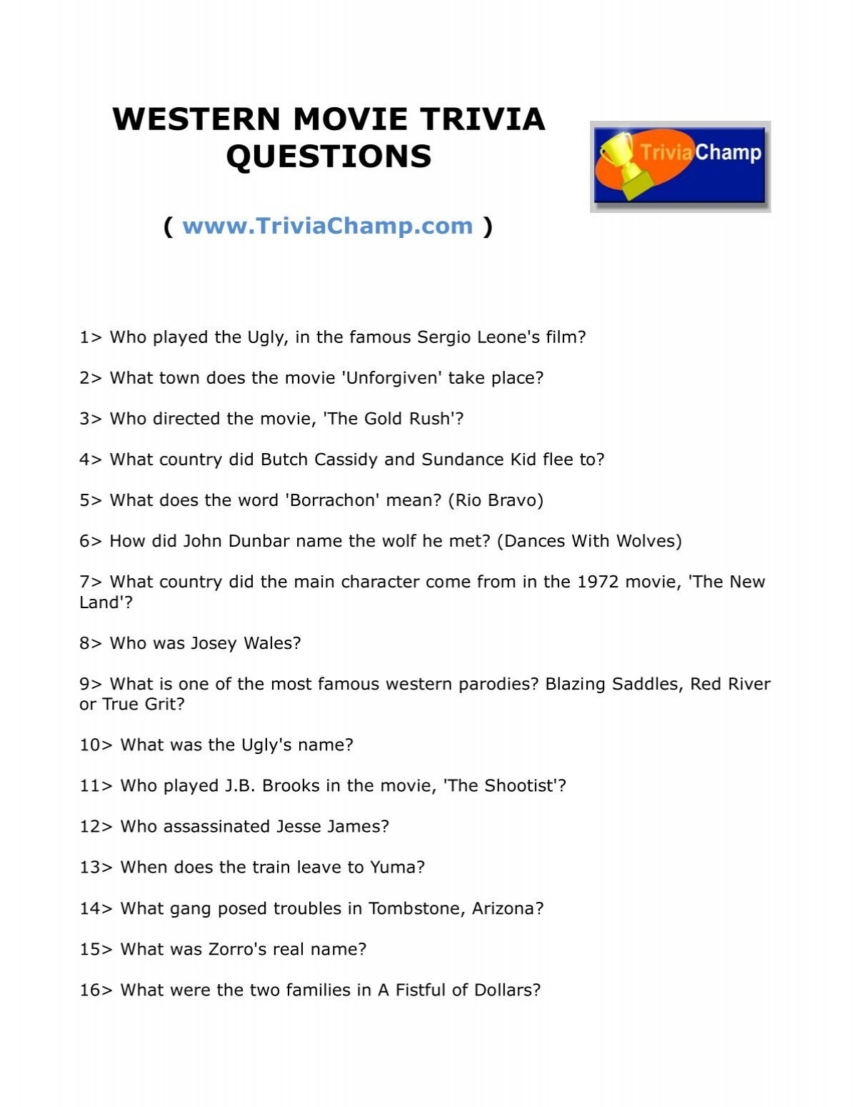 WESTERN MOVIE TRIVIA QUESTIONS Trivia Champ