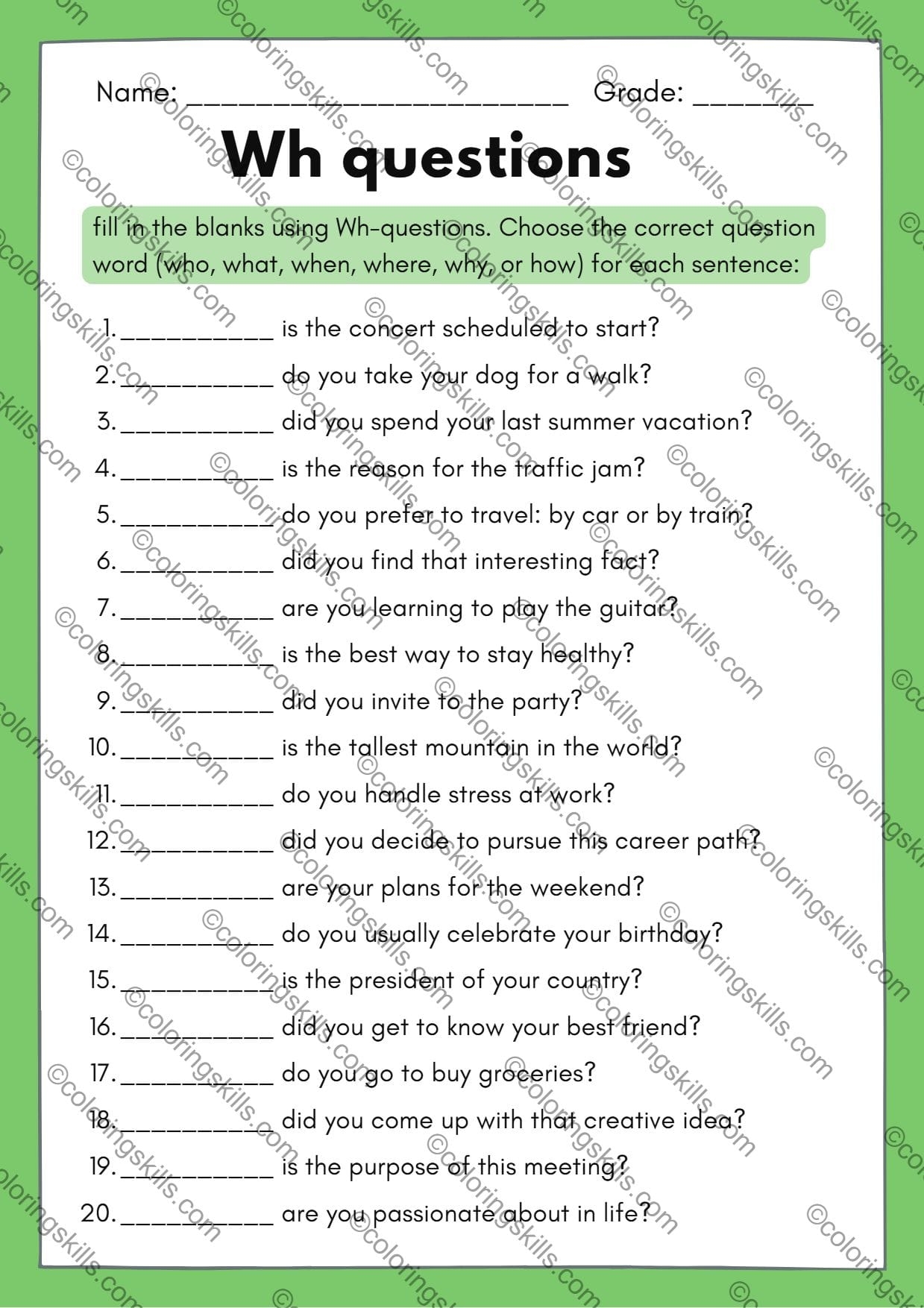 Wh Questions Challenge Activity Worksheets Who What When Where Why And How 