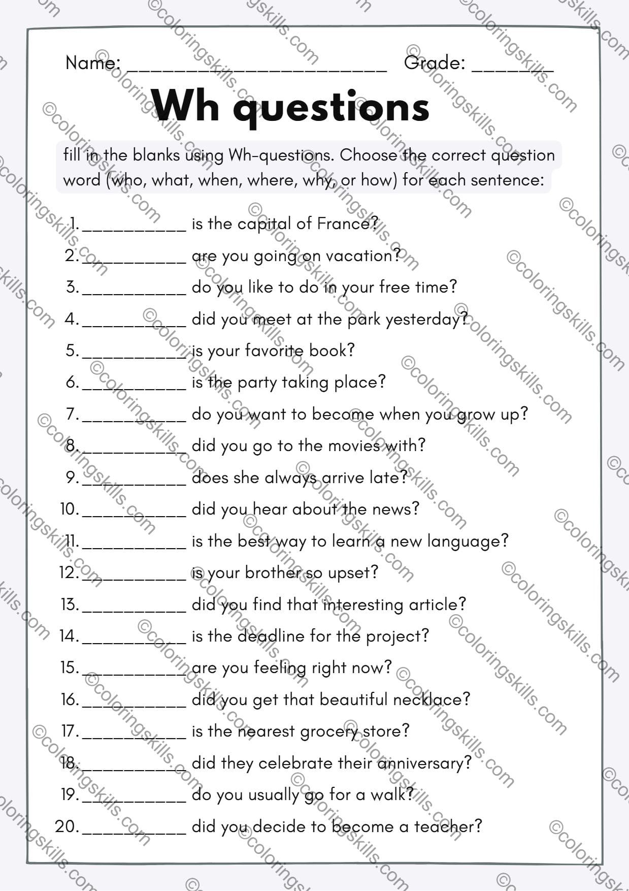 Wh Questions Challenge Activity Worksheets Who What When Where Why And How 