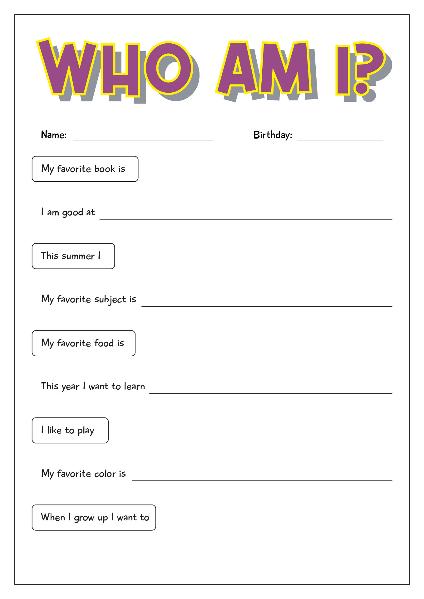 Who Am I Printable Worksheet Discovering Identity Activities