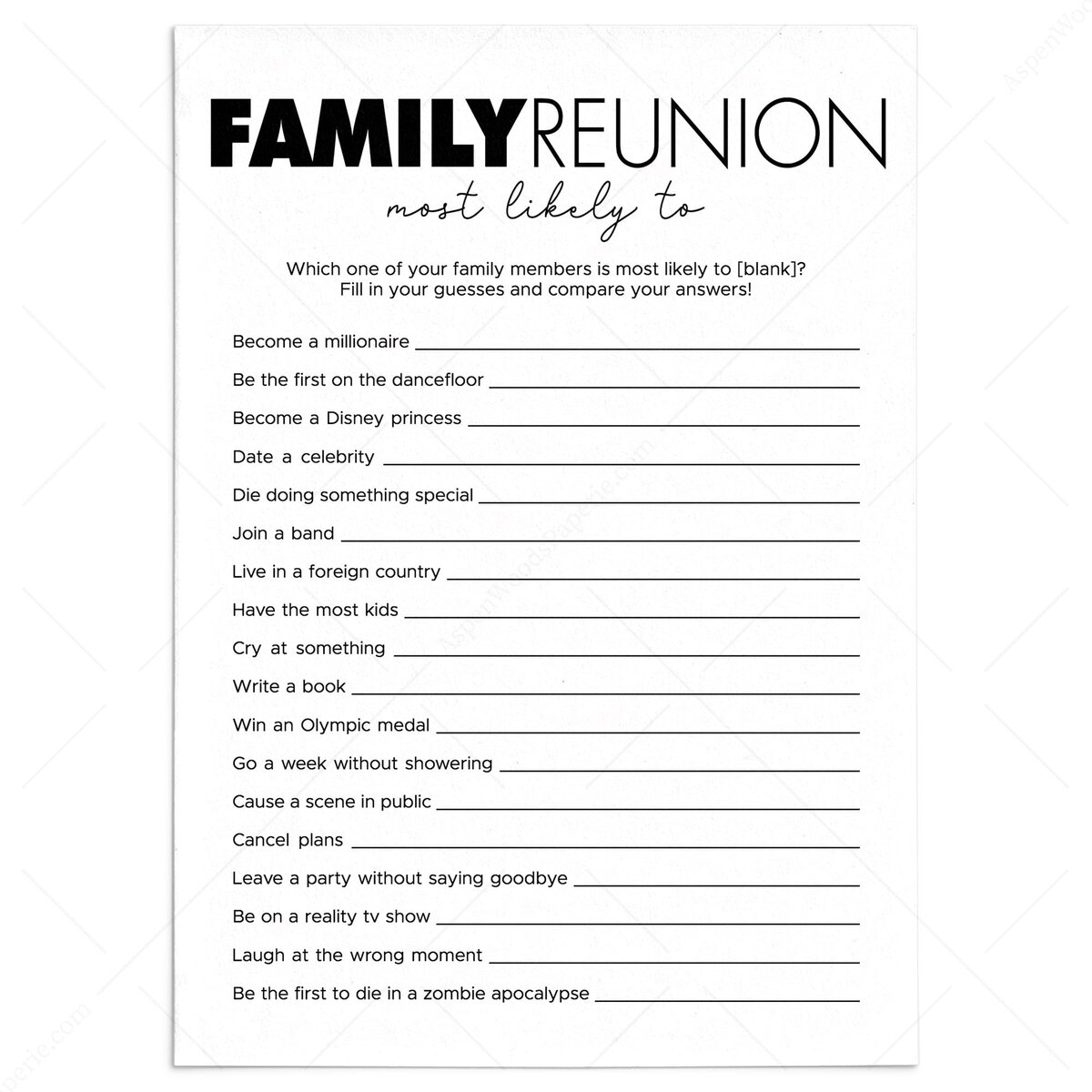 Whos Most Likely To Questions Family Reunion Game Printable