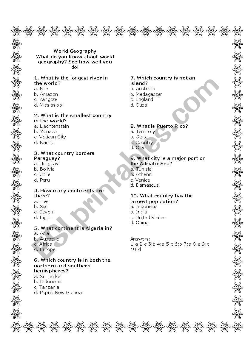 World Geography Quiz ESL Worksheet By Vaferrer