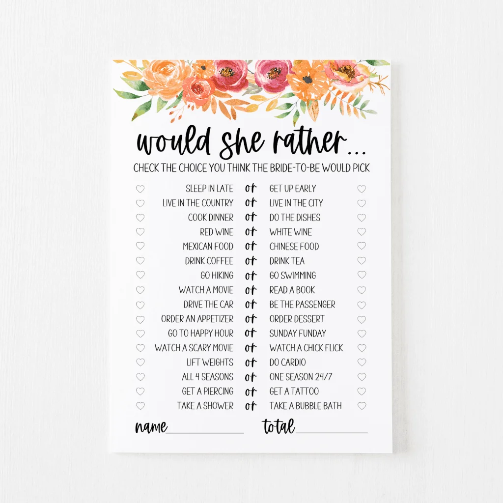 Would She Rather Bridal Shower Game Free Printable Modern MOH
