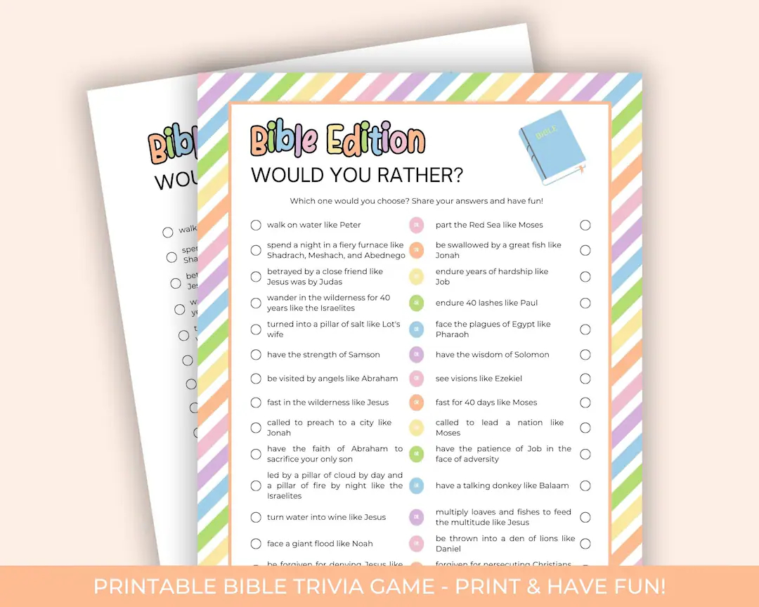 Would You Rather Bible Edition Printable Bible Games Church Activity Sheet Sunday School Activity Page Bible Games For Kids Etsy