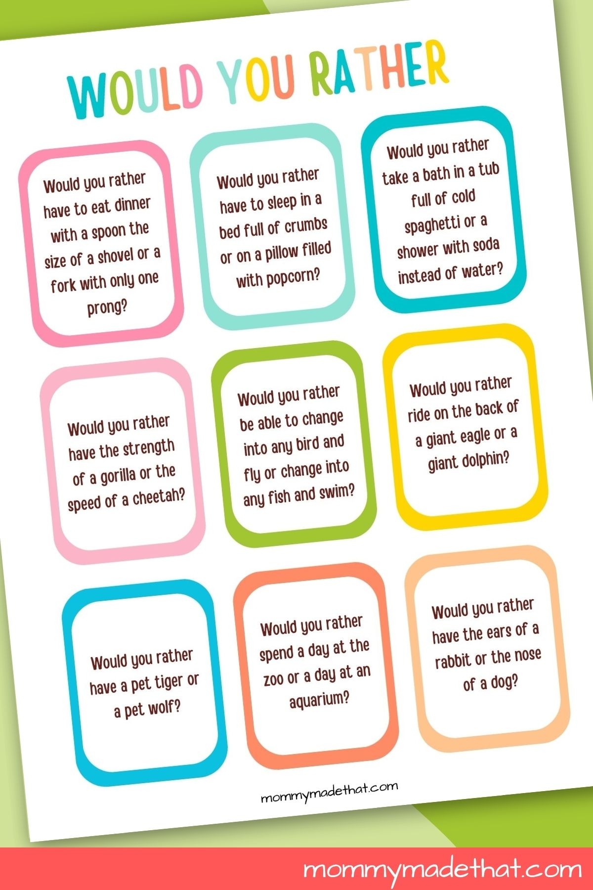 would you rather questions for kids plus free printable cards