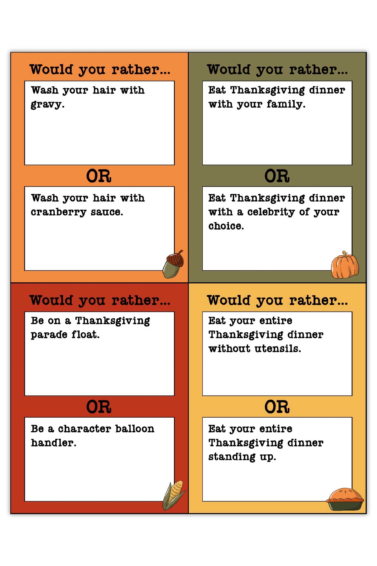 Would You Rather Thanksgiving Games Printable